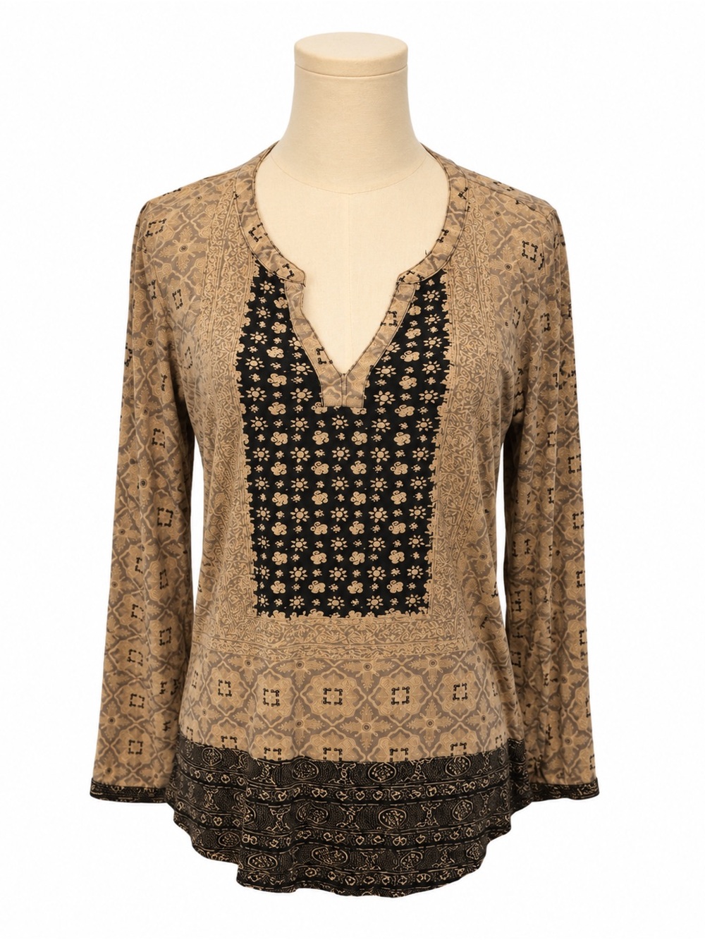 Lucky Brand Mixed Print Boho Henley Top Brown Black Size Medium